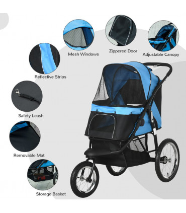 Pet Stroller - 3 Wheel, Medium Small Dogs, Foldable Cat Pram - Blue