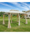 Outdoor 2-Tier Steel Frame Gazebo Beige 398(L)*298(W)*265(H)cm Curtains Included