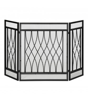 3-Panel Folding Fireplace Screen Metal Mesh Fire Spark Guard Black