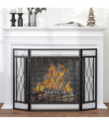 3-Panel Folding Fireplace Screen Metal Mesh Fire Spark Guard Black