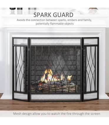 3-Panel Folding Fireplace Screen Metal Mesh Fire Spark Guard Black