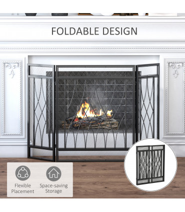 3-Panel Folding Fireplace Screen Metal Mesh Fire Spark Guard Black