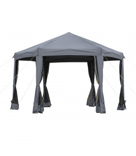 Grey Polyester 3.2m Pop Up Gazebo Hexagonal Canopy Tent w/Sidewalls - Outdoor