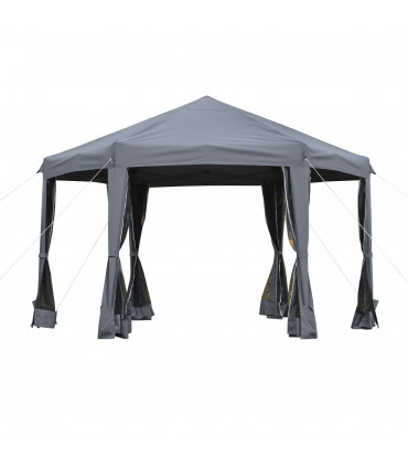 Grey Polyester 3.2m Pop Up Gazebo Hexagonal Canopy Tent w/Sidewalls - Outdoor