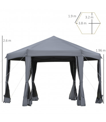 Grey Polyester 3.2m Pop Up Gazebo Hexagonal Canopy Tent w/Sidewalls - Outdoor