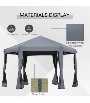 Grey Polyester 3.2m Pop Up Gazebo Hexagonal Canopy Tent w/Sidewalls - Outdoor