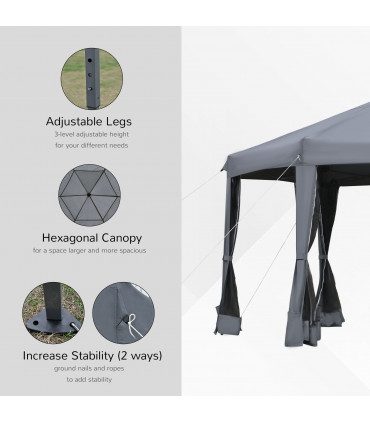 Grey Polyester 3.2m Pop Up Gazebo Hexagonal Canopy Tent w/Sidewalls - Outdoor