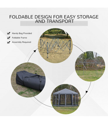 Grey Polyester 3.2m Pop Up Gazebo Hexagonal Canopy Tent w/Sidewalls - Outdoor
