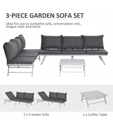 Steel Grey 198cm x 70cm x 70cm 3Pc Garden Seating   Sofa Lounge Table Grey