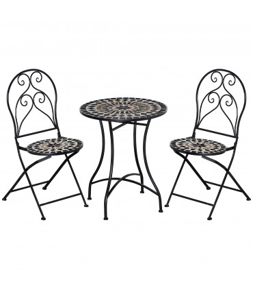 Garden Bistro Set Black Metal Ceramic 60cmx60cmx71cm 3PC Mosaic Tile Top