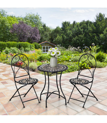 Garden Bistro Set Black Metal Ceramic 60cmx60cmx71cm 3PC Mosaic Tile Top