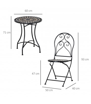 Garden Bistro Set Black Metal Ceramic 60cmx60cmx71cm 3PC Mosaic Tile Top