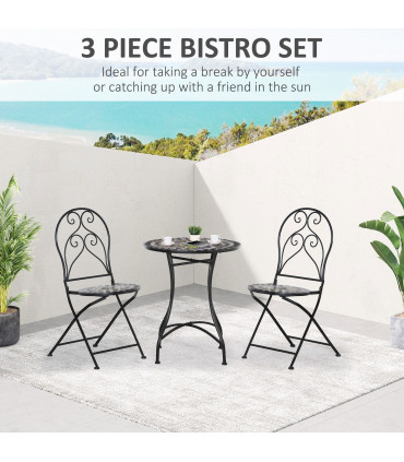 Garden Bistro Set Black Metal Ceramic 60cmx60cmx71cm 3PC Mosaic Tile Top