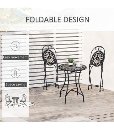 Garden Bistro Set Black Metal Ceramic 60cmx60cmx71cm 3PC Mosaic Tile Top
