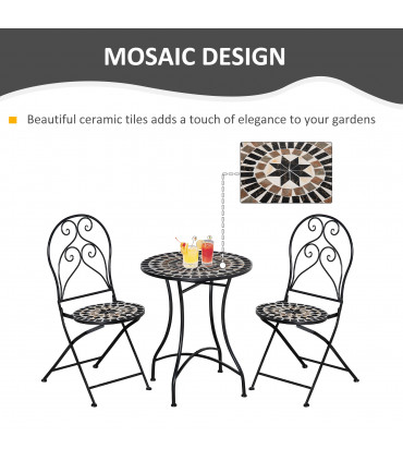 Garden Bistro Set Black Metal Ceramic 60cmx60cmx71cm 3PC Mosaic Tile Top