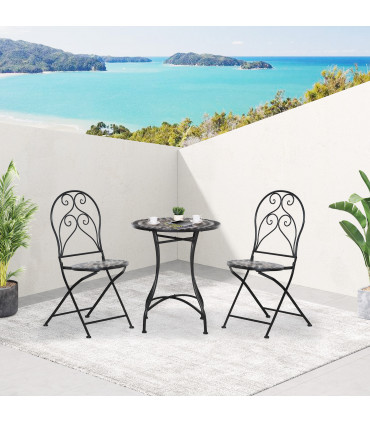 Garden Bistro Set Black Metal Ceramic 60cmx60cmx71cm 3PC Mosaic Tile Top