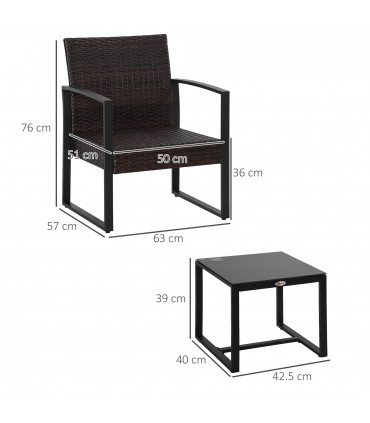 3Pc Rattan Bistro Set Beige PE Wicker Rattan 63cmx57cmx76cm Garden Patio Sofa