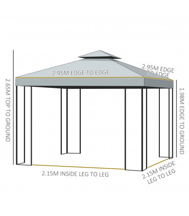 Metal Grey 295cm x 295cm Gazebo with Double Roof Design for Backyard Garden