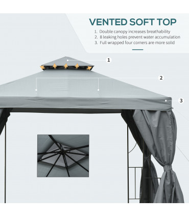 Metal Grey 295cm x 295cm Gazebo with Double Roof Design for Backyard Garden