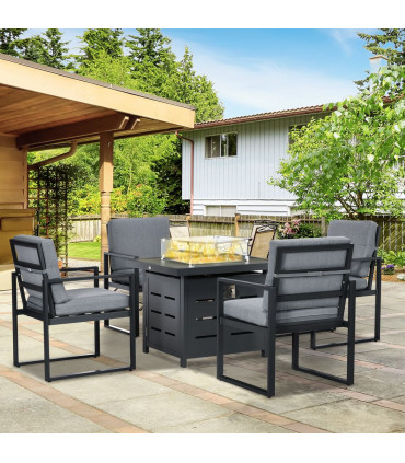 Aluminium Grey Fire Pit Table 85W x 85D x 68H cm 4 Seater Garden Furniture Set