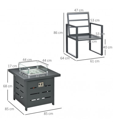 Aluminium Grey Fire Pit Table 85W x 85D x 68H cm 4 Seater Garden Furniture Set