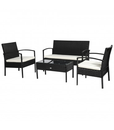 4-Seater Rattan Garden Furniture Set Black Cream Outdoor Patio Bistro