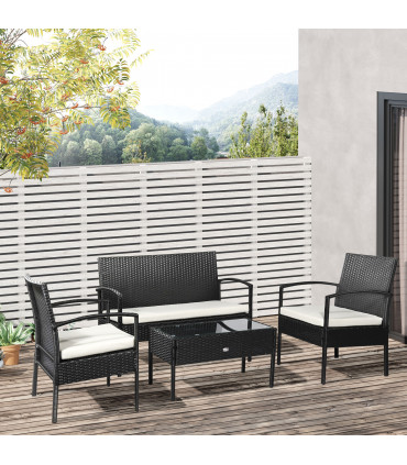 4-Seater Rattan Garden Furniture Set Black Cream Outdoor Patio Bistro