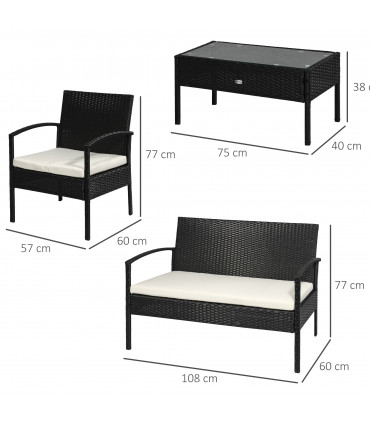 4-Seater Rattan Garden Furniture Set Black Cream Outdoor Patio Bistro
