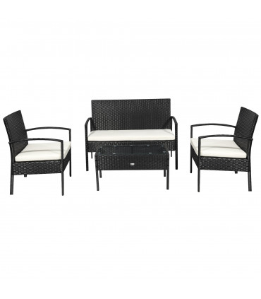 4-Seater Rattan Garden Furniture Set Black Cream Outdoor Patio Bistro