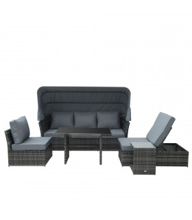 5 PCS Outdoor Rattan Reclining Adjustable Canopy Sets w/ Dining Table