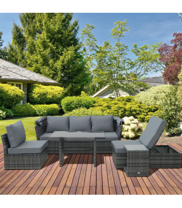 5 PCS Outdoor Rattan Reclining Adjustable Canopy Sets w/ Dining Table