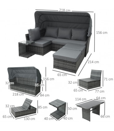 5 PCS Outdoor Rattan Reclining Adjustable Canopy Sets w/ Dining Table