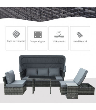 5 PCS Outdoor Rattan Reclining Adjustable Canopy Sets w/ Dining Table