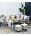 5 Pcs Mixed Grey Rattan Beige Cushion Patio Dining Table Stool Chaise Lounge Set