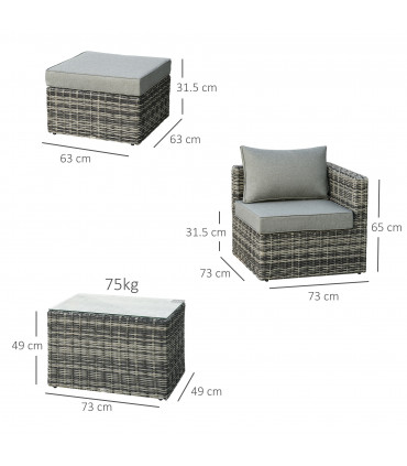 Outdoor Seating Set PE Rattan Mixed Grey 73cm x 73cm x 65cm 5 Pcs Armchair