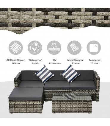 Garden 5 Pieces Rattan Sofa Set Wicker Sectional Cushion Patio Grey