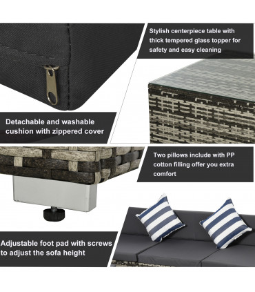 Garden 5 Pieces Rattan Sofa Set Wicker Sectional Cushion Patio Grey