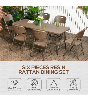 Garden Dining Set 7 PCs HDPE Dark Brown Resin Rattan Foldable Table & Chairs