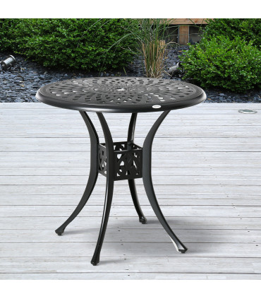 Garden Dining Table 78cm Round Black Cast Aluminium with Parasol Hole Outsunny