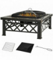 76cm Square Garden Fire Pit Square Table w/ Poker Mesh Cover Log Grate