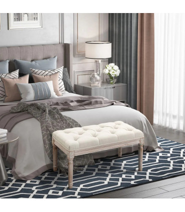 Bench Tufted Upholstered Foot Stool Linen-Touch Fabric Beige 159H x 50L x 37Wcm