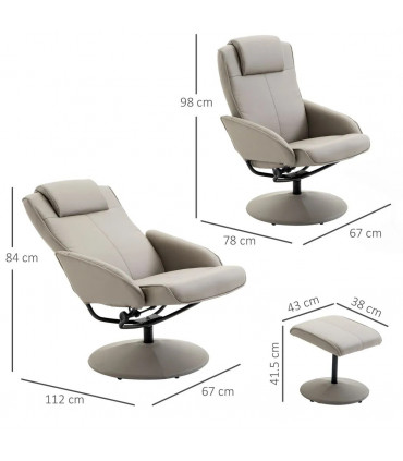 Adjustable Recliner Swivel Leather Armchair 360 Rotatable Stool W/ Footrest