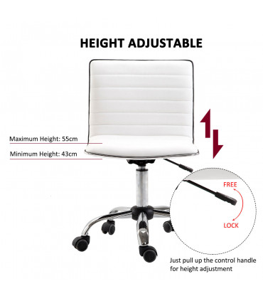 Armless Mid-Back Adjustable Office Chair 360 Swivel Ergonomic White PU Leather