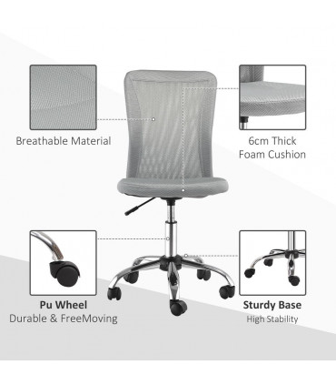 Armless Office Chair Ergonomic Padded Height Adjustable Mesh Back 5 Wheels