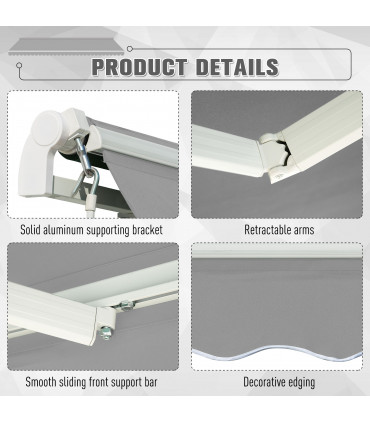 Awning Canopy Garden Outdoor Shelter UV Block Aluminium Crank 3 x 2m Light Grey