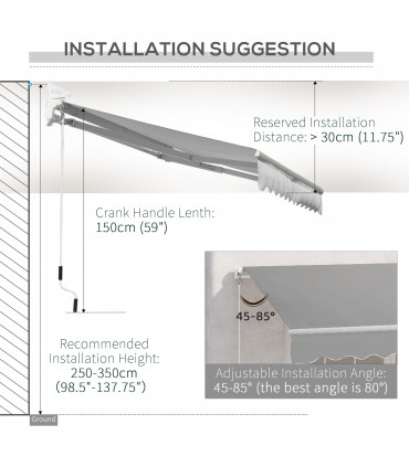Awning Canopy Garden Outdoor Shelter UV Block Aluminium Crank 3 x 2m Light Grey