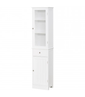 Bathroom Storage Cabinet White 40cmx27cmx171.5cm 3-tier Shelf Drawer Glass Door