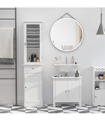 Bathroom Storage Cabinet White 40cmx27cmx171.5cm 3-tier Shelf Drawer Glass Door