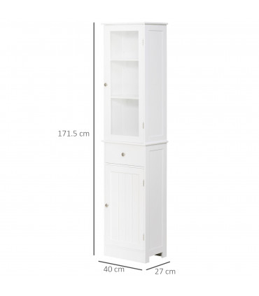 Bathroom Storage Cabinet White 40cmx27cmx171.5cm 3-tier Shelf Drawer Glass Door
