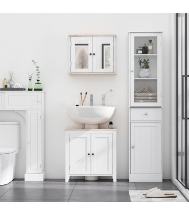 Bathroom Storage Cabinet White 40cmx27cmx171.5cm 3-tier Shelf Drawer Glass Door